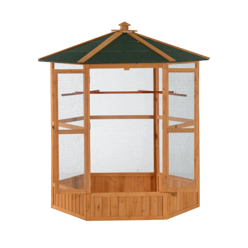 PawHut 69" Wooden Hexagonal Outdoor Aviary Flight Bird Cage With Covered Roof, Brown(m-11)