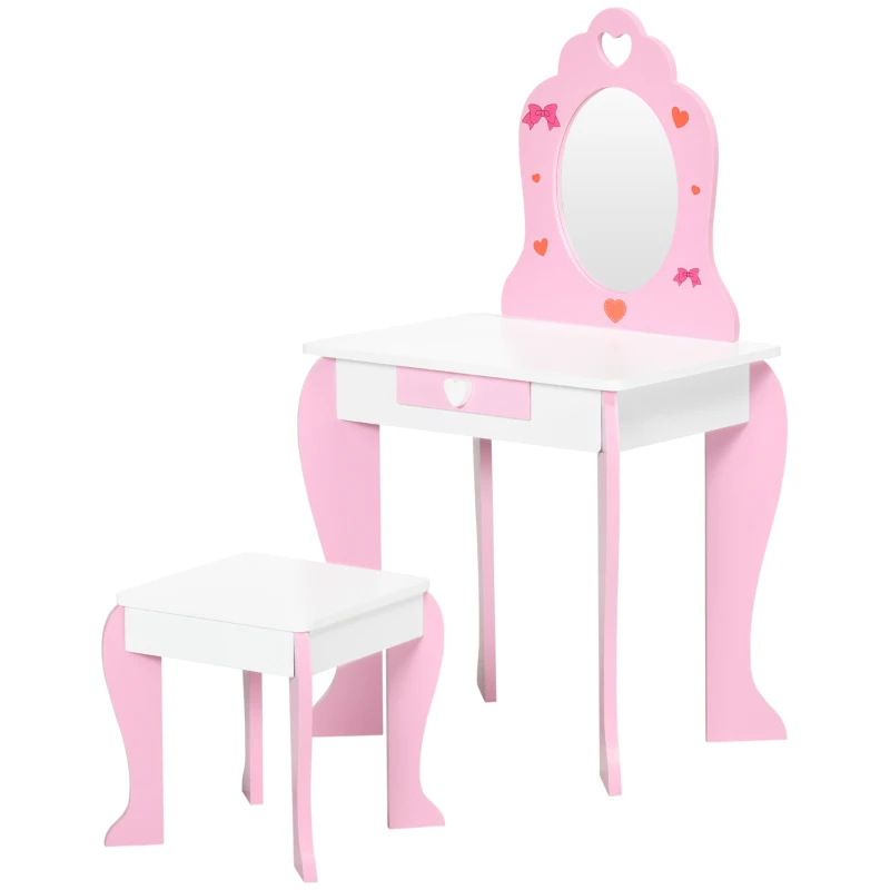Qaba Kids Vanity Table & Chair Set Girls Dressing Set with Mirror Drawer Cute Patterns for 3-6 Years Old, Pink
