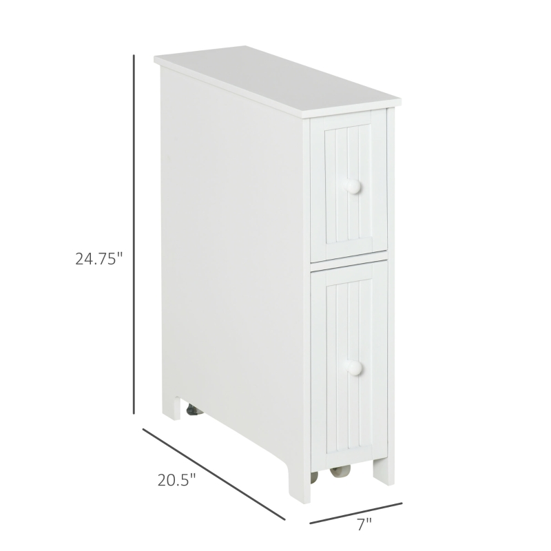 kleankin Slim Bathroom Cabinet, Freestanding Storage Cabinet, Toilet Paper Holder with Two Drawers, Side Towel Rack, and Wheels, 7 x 20.5 x 24.75 Inches, White