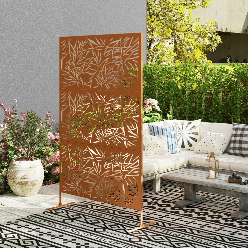 Outsunny Decorative Privacy Fence Screen, Metal Outdoor Privacy Screen Climbing Plant Trellis with Stand, Bamboo Brown