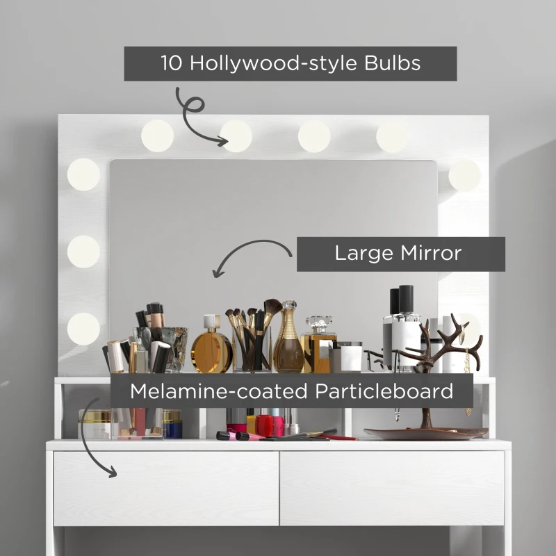 HOMCOM Vanity Table, Makeup Dressing Table with LED Lighting Mirror, Drawers, for Bedroom, White