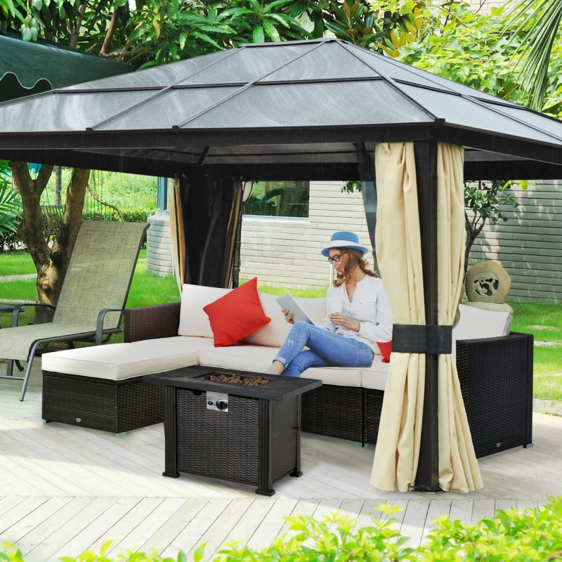 Outsunny 30 Inch Outdoor Gas Fire Pit Table, 50000 BTU Wicker Auto Ignition Propane Fire Table with Lid, Lava Rocks and Cover, CSA Certification for Patio