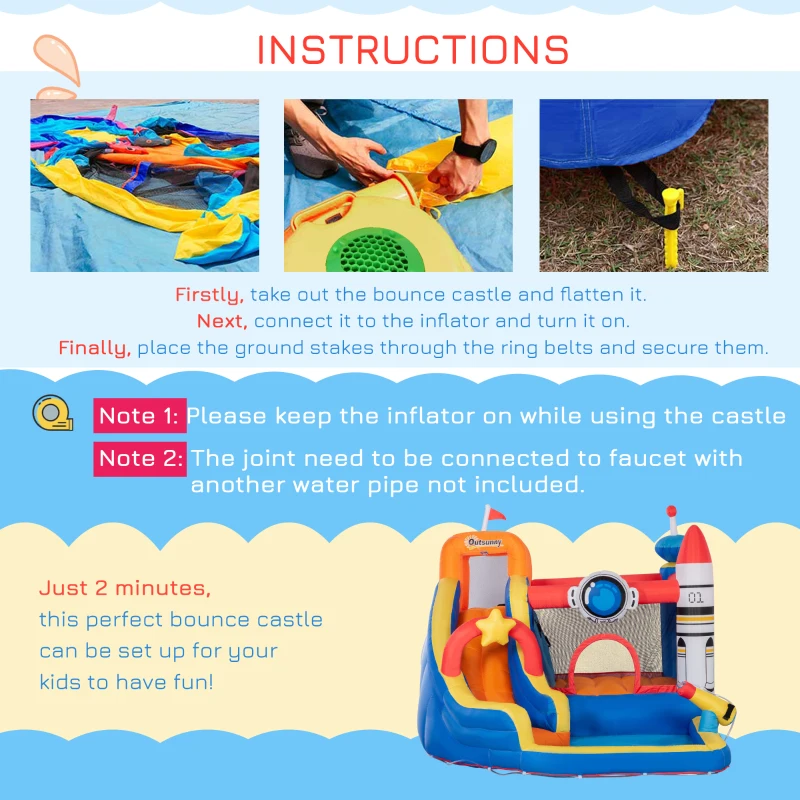 Outsunny 5-in-1 Water Slide Kids Inflatable Bounce House Space Theme Water Park Includes Slide Trampoline Pool Cannon Climbing Wall with Carry Bag, Repair Patches without Air Blower