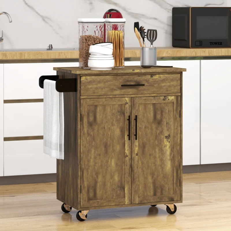 HOMCOM Kitchen Island Cart, Rolling Island Table with Solid Wood Top, Trolley Cart with Drawer, Storage Cabinet & Towel Rack, Rustic Brown