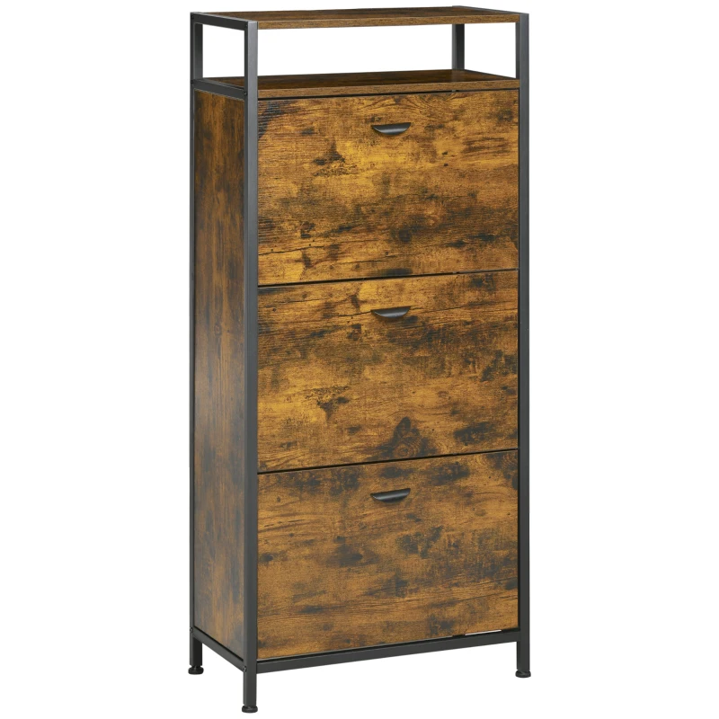 HOMCOM Industrial 12 Pair Shoe Storage Cabinet with 3 Flip Drawers and Open Shelf, Shoe Storage Organizer Rustic Brown