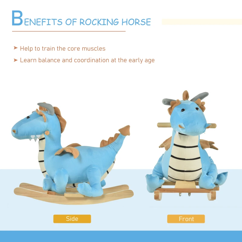 Qaba Rocking Horse Kids Plush Ride-On Toy Dinosaur Ride on Rocker with Realistic Sounds for Child 18-36 Months Blue