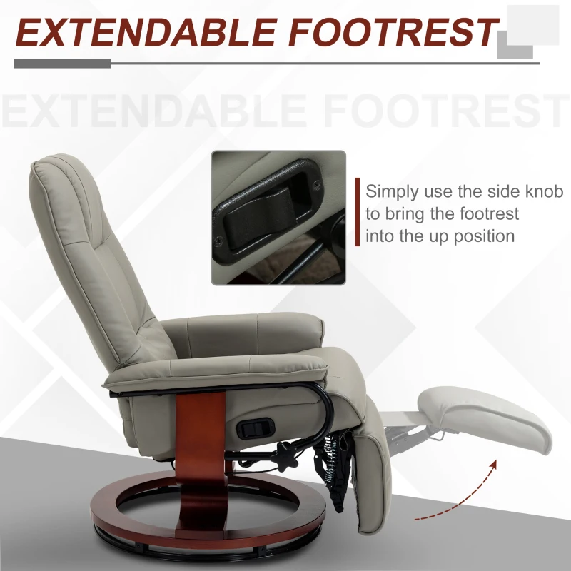 HOMCOM Faux Leather Manual Recliner, Adjustable Swivel Lounge Chair with Footrest, Armrest and Wrapped Wood Base for Living Room, Gray(m-5)