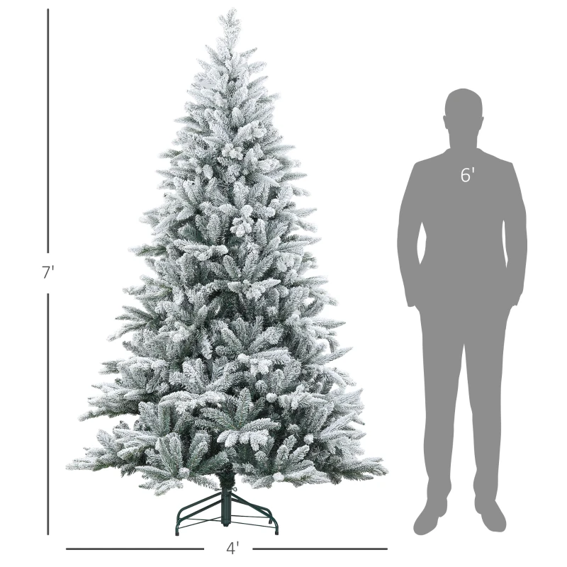 HOMCOM 7ft Artificial Flocked Christmas Tree with Snow Tips, Easy Assembly, Hinged Xmas Tree for Home Office Holiday