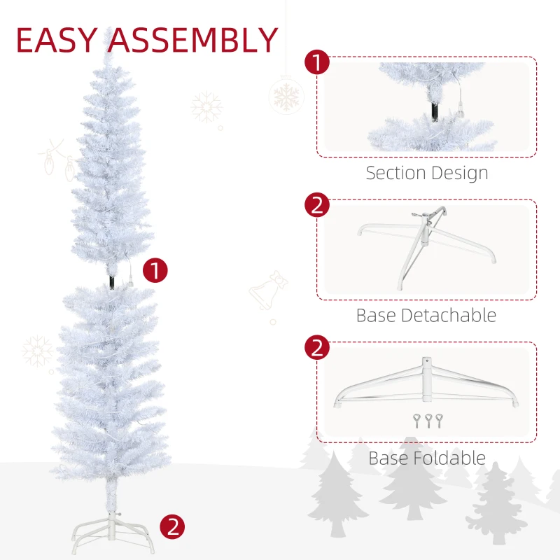 HOMCOM 6ft Tall Prelit Pencil Artificial Christmas Tree, Holiday Décor with 395 Realistic Branches, 100 LED Lights, Foldable Metal Base, White