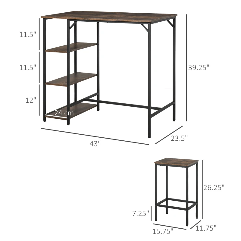 HOMCOM Industrial 3 Piece Dining Table Set, Counter Height Bar Table and Chairs Set, Kitchen Bistro Table Set with Storage Shelf and Stools, Rustic Brown
