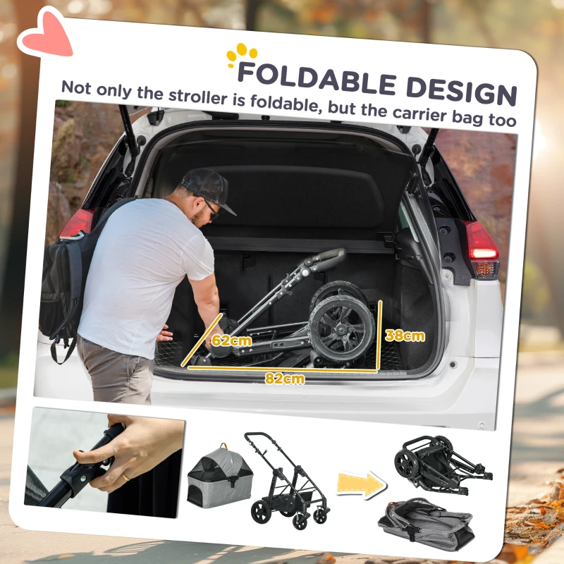 PawHut 2 in 1 Foldable Dog Stroller with Suspension, Detachable Carriage, Adjustable Canopy, Safety Leashes and Storage Basket, Grey