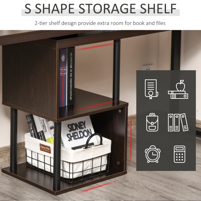 HOMCOM 55" 360 Degree Rotating Corner L-Shaped Computer Desk with Storage Shelves, Home Office Study Writing Workstation Modern Space-Saving Design, Coffee