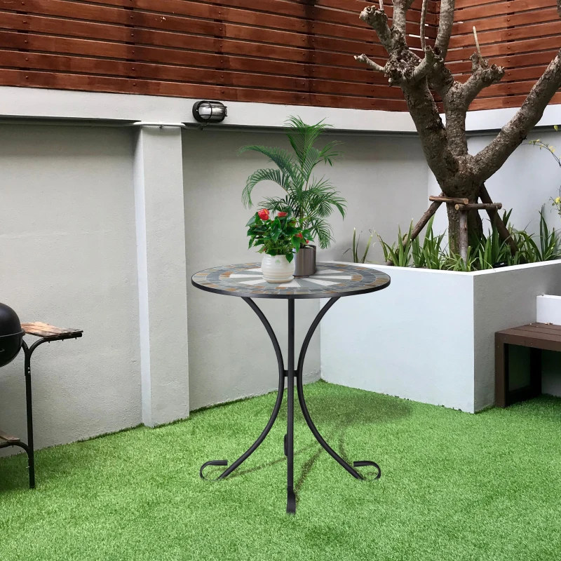 Outsunny Mosaic Patio Table 24 Inch Outdoor Round Side Table Plant Stand for Garden, Yard, Lawn or Indoor, White and Green