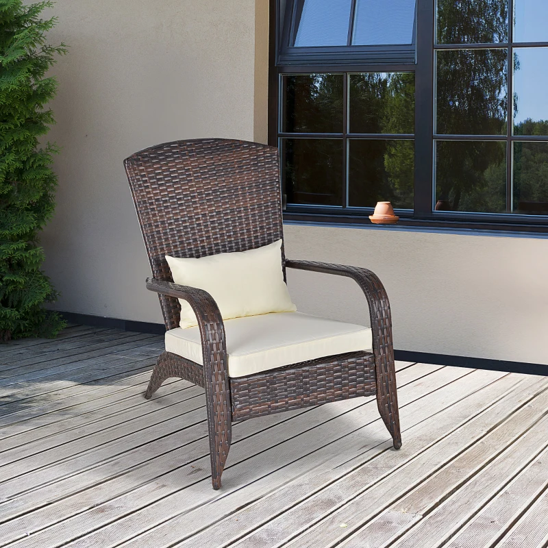 Outsunny Patio Wicker Adirondack Chair, Outdoor PE Rattan Fire Pit Chair, Muskoka Chair w/ Soft Cushions, Tall Curved Backrest and Comfortable Armrests for Deck or Garden, White
