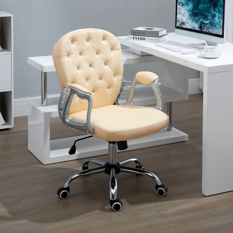 Vinsetto PU Leather Home Office Chair, Button Tufted Desk Chair with Padded Armrests, Adjustable Height and Swivel Wheels, Beige