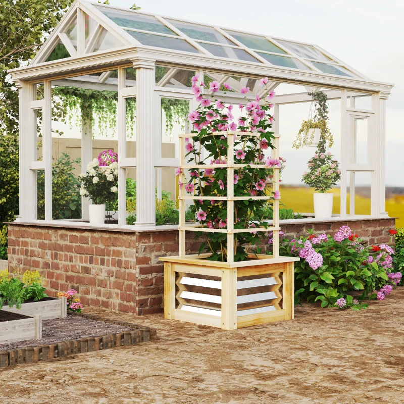 Outsunny Wooden Raised Garden Bed with Trellis, Galvanized Planter Box Elevated Garden Bed for Garden, Patio, Natural Wood