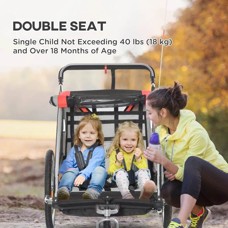Aosom 2-in-1 Walk/Ride Child Baby Bike Trailer for Kids 2 Seater, High-Visibility Bike Stroller for Toddler Wagon, Weather-Strong Double Bicycle Trailer Accessory for Kids, Red