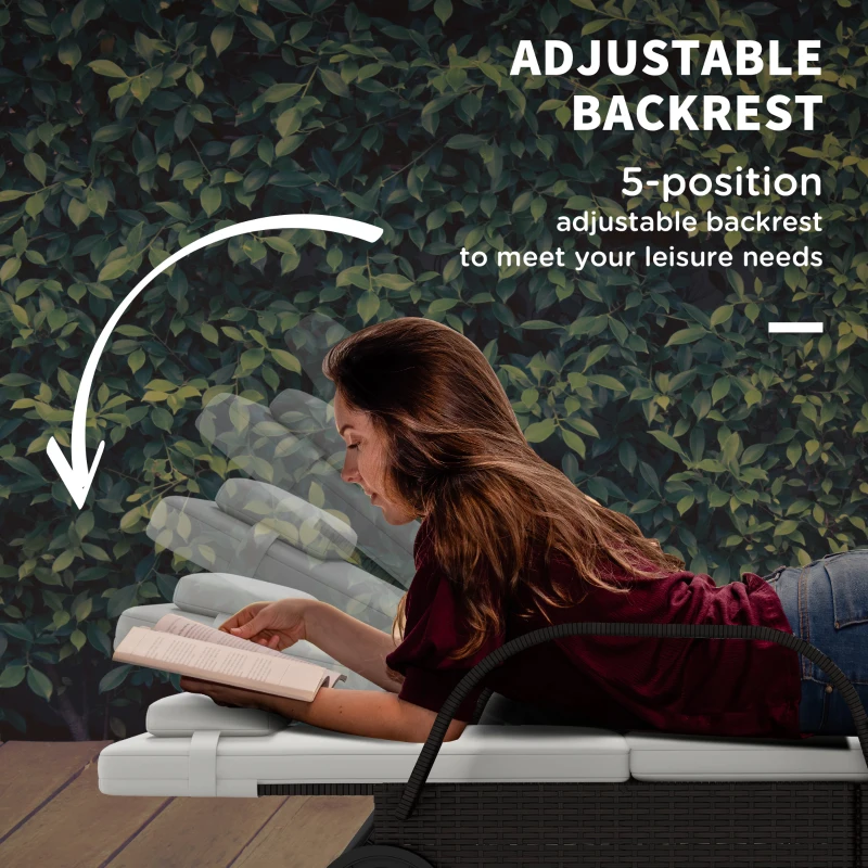 Outsunny Wicker Outdoor Chaise Lounge, 5-Level Adjustable Backrest PE Rattan Pool Lounge Chair with Wheels, Cushion & Headrest, Brown and Cream White