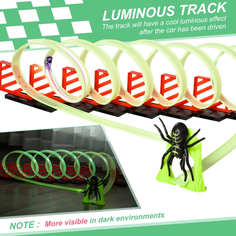Qaba Track Builder Loop Kit Criss-Cross Glowing Race Track Toy Set Spooky Spider Fun Starter Kit, with Pull-back Car for Kids 3-6 years old, Lime Green