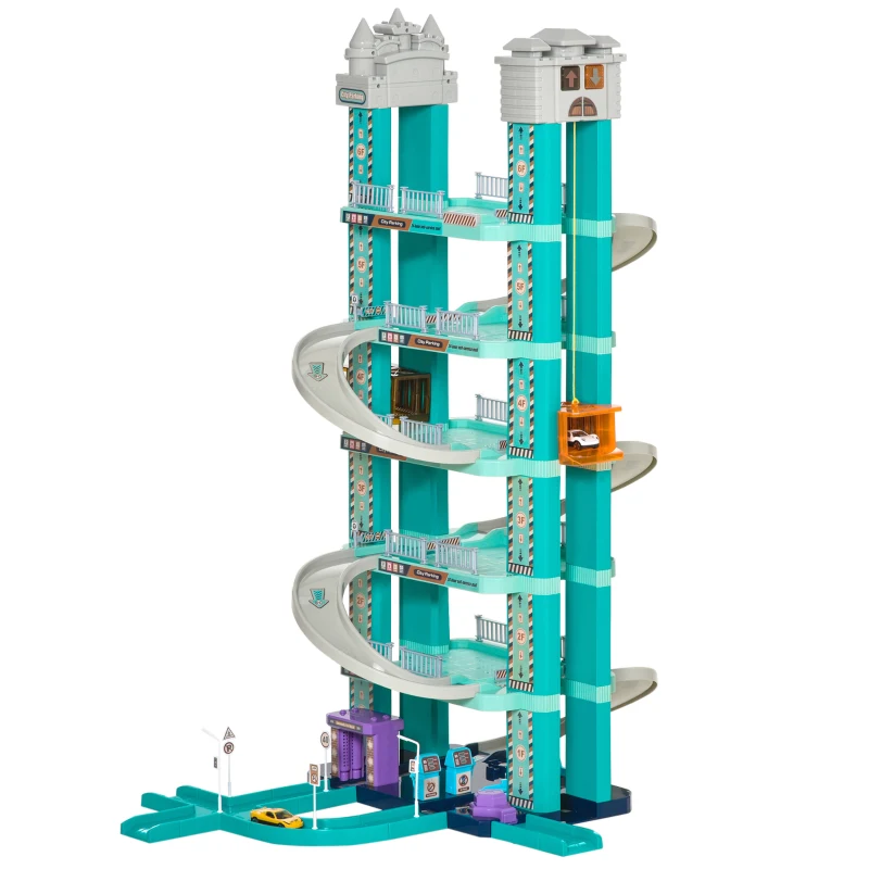 Qaba 6-Level Car Parking Garage Toy Race Tracks Car Ramp Set Toddler Car Games w/ Cars Maunal & Electric Elevators Wash, Gas, Ejector & Car Repair Station for 3-6 Years Old