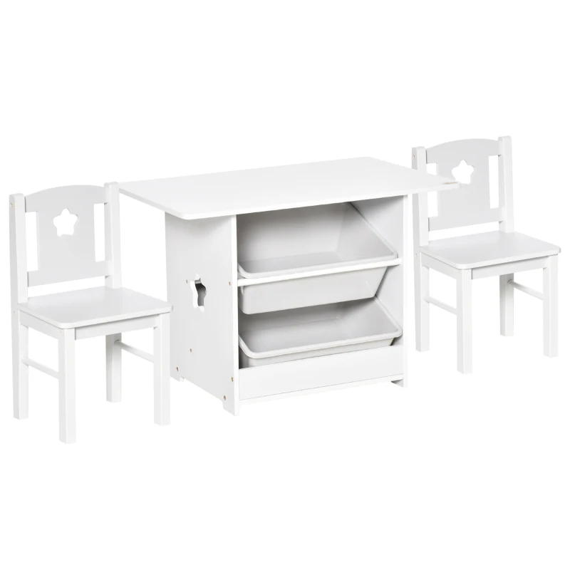 Qaba 3-Piece Kids Table and Chair Set Writing Desk with Storage Boxes Hollow Star Design for Toddler Activities 2-4 Years old, White