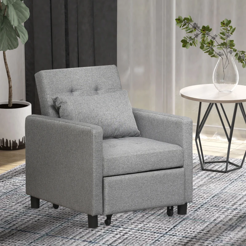 HOMCOM Convertible Sofa Lounger Chair Bed Multi-Functional Sleeper Recliner with Tufted Upholstered Fabric, Adjustable Angle Backrest, and Pillow, Grey