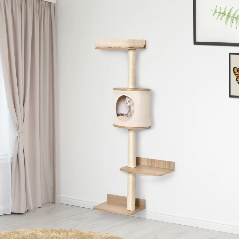 PawHut 4-Level Wall-Mounted Cat Tree Activity Tower, Wall Cat Shelves with Sisal Rope Scratching Posts, Cat Condo and Bed, Light Brown