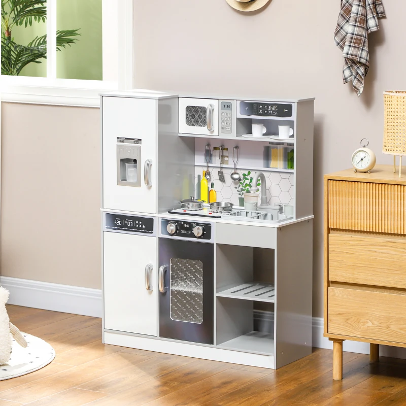 Qaba Play Kitchen, Kids Kitchen Playset w/ Lights, Sounds, Running Water, Coffee Machine, Ice Maker & Microwave for 3-8 Years