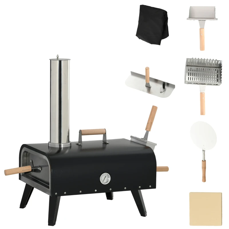 Outsunny Wood Fired Pizza Oven Stainless Steel Pizza Maker with Foldable Legs and Waterproof Cover, Black