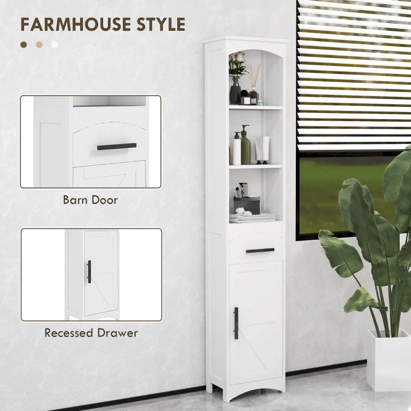 HOMCOM Farmhouse Tall Slim Bathroom Storage Cabinet with Recessed Drawer, Narrow Cabinet with Barn Door, White