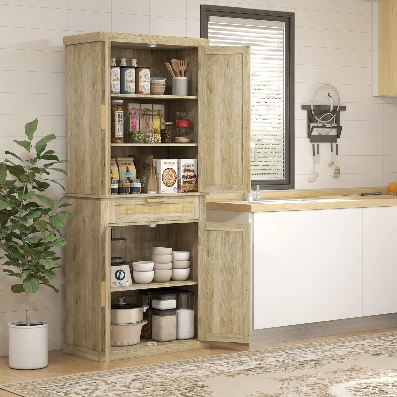 HOMCOM 72" Tall Kitchen Cabinet, Kitchen Pantry Cabinet with Rattan Doors, Drawer, 5-Tier Shelf and Adjustable Shelves, Oak
