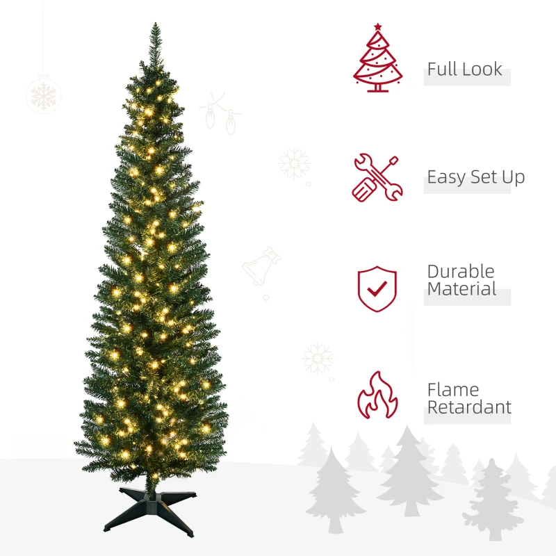 HOMCOM 5' Tall Pre-Lit Slim Noble Fir Artificial Pencil Christmas Tree with Realistic Branches, 110 Warm White LED Lights and 294 Tips, Green