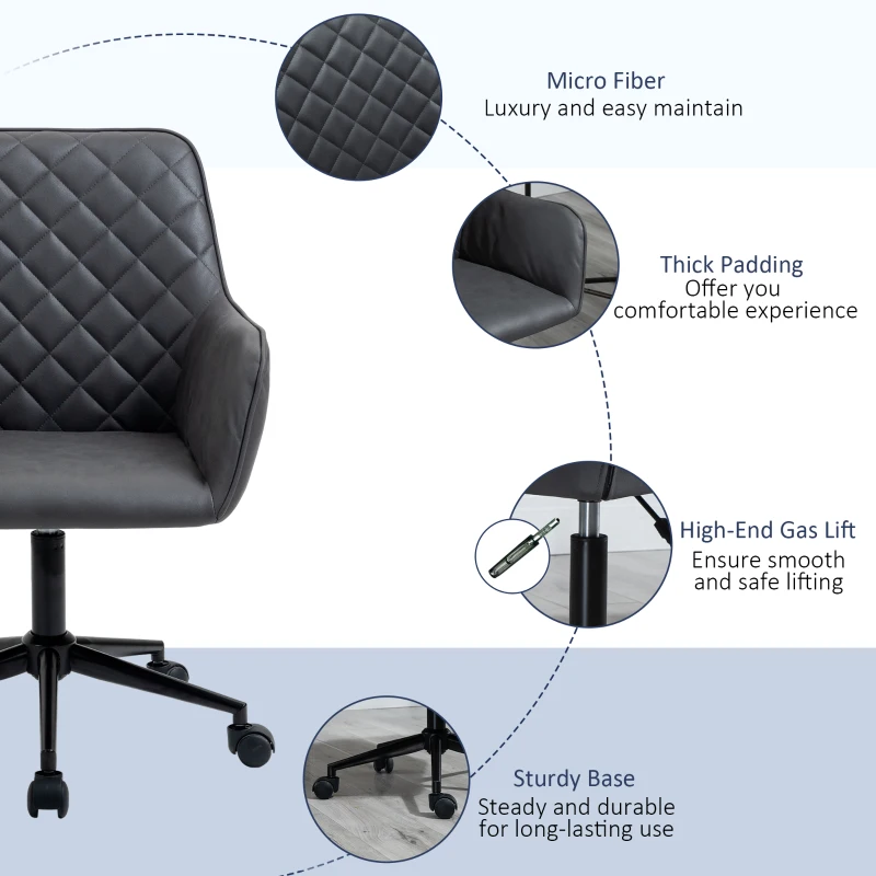 Vinsetto Mid Back Modern Home Office Chair Swivel Computer Desk Chair with Adjustable Height, Microfiber Cloth, Diamond Line Design, and Padded Armrests, Dark Gray