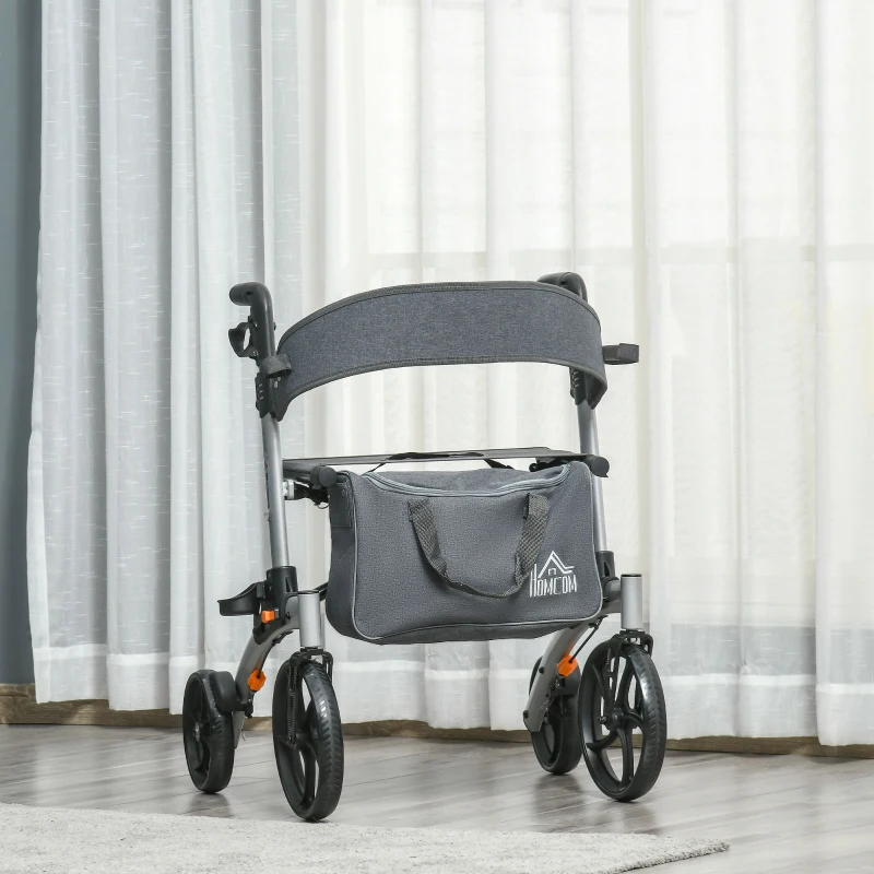 HOMCOM Aluminum Rollator Walker for Seniors and Adults with 10'' Wheels FSA HSA Eligible, Seat and Backrest, Folding Rolling Walker with Adjustable Handle and Storage Bag, Support up to 300lbs, Gray