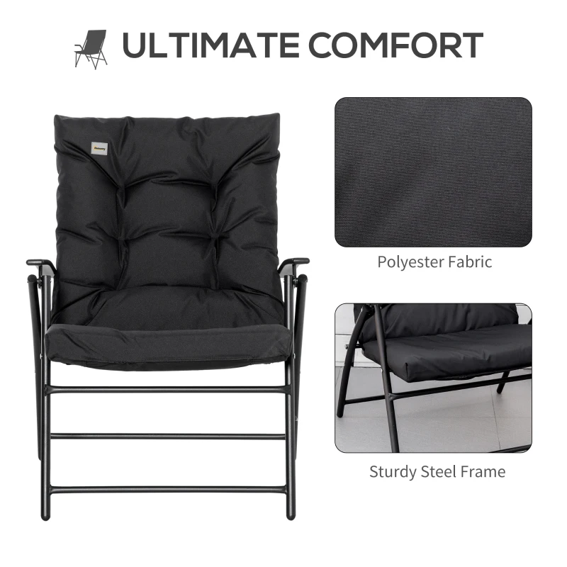 Outsunny Foldable Lounge Chair, Fabric Upholstered Recliner, Outdoor Lounger with Armrest, Metal Frame for Backyard, Black