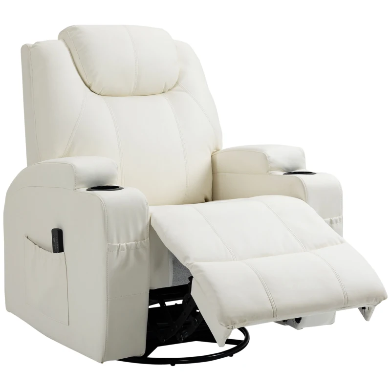 HOMCOM Massage Recliner Chair, Swivel Nursery Rocker Chair, Manual Reclining Sofa with 8 Vibration Points, PU Leather, Cup Holders, Side Pockets, for Living Room, Cream White