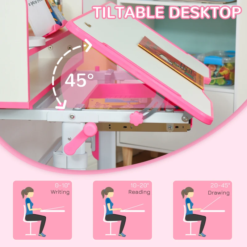 Qaba Kids Desk and Chair Set Height Adjustable Student Writing Desk Children School Study Table with LED Lamp, Bookshelf, Drawer, Reading Board, Pen Slot, Hook, Pink