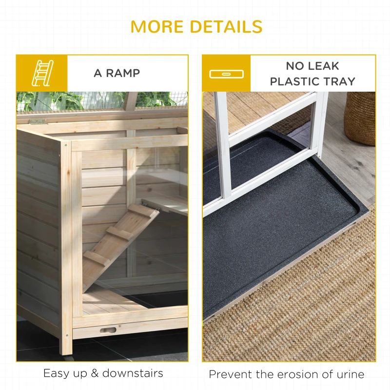 PawHut Indoor Rabbit Hutch with Wheels, Bunny Cage Guinea Pig House W/ Top Access, Ramp, Pull Out Tray, Natural Wood