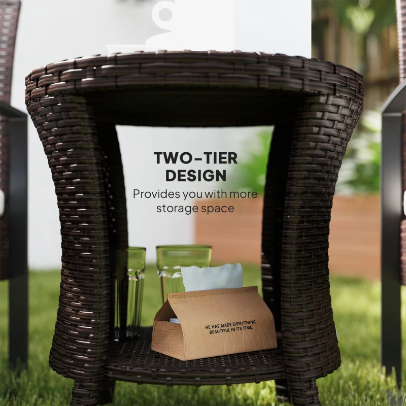 Outsunny 18" Wicker Outdoor Coffee Table, PE Rattan Patio Side Table with 2-Tier Storage, Composite Wood Top, Brown