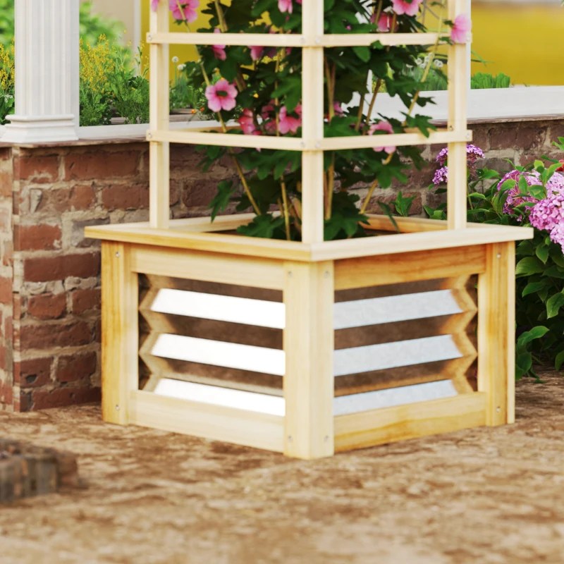 Outsunny Wooden Raised Garden Bed with Trellis, Galvanized Planter Box Elevated Garden Bed for Garden, Patio, Natural Wood
