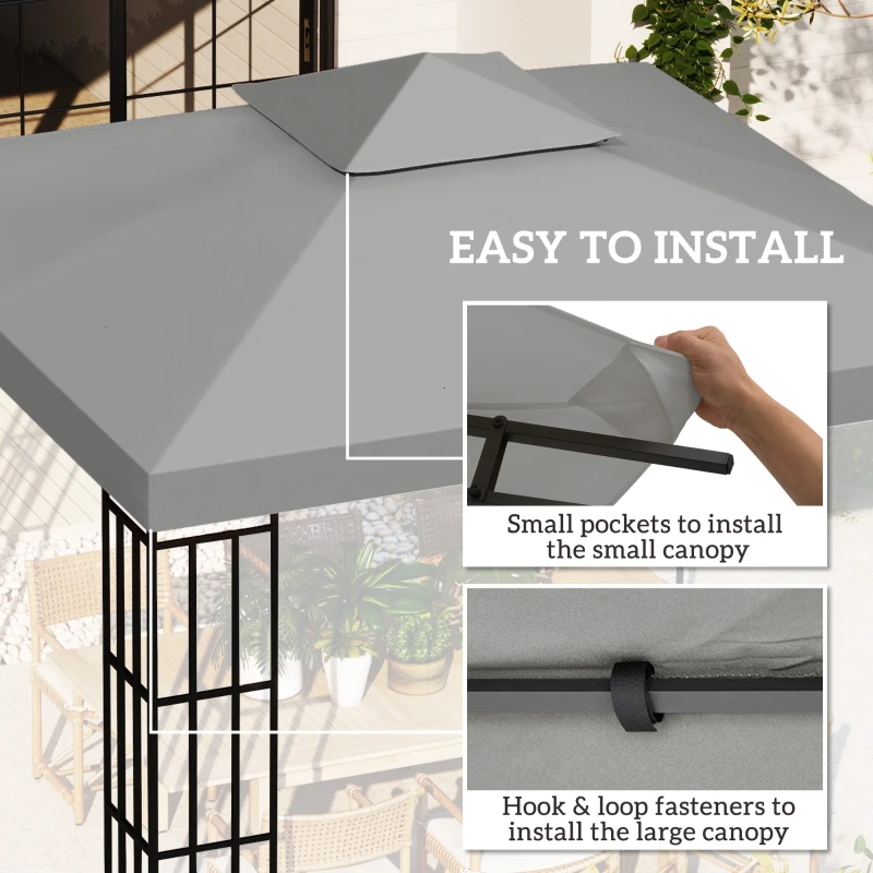 Outsunny 9.8' x 9.8' Square 2-Tier Gazebo Canopy Replacement Top Cover Outdoor Garden Sun Shade, Light Grey