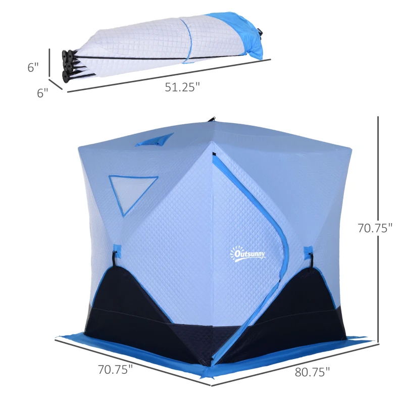 Outsunny 4 Person Ice Fishing Shelter, Pop-up Ice Fishing Tent, Ice Shanty, Portable and Insulated, with 2 Doors and Carrying Bag, Light Blue