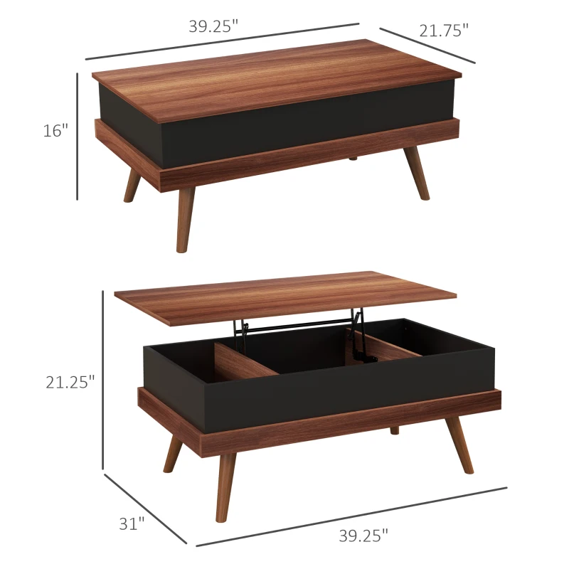 HOMCOM Lift Top Coffee Table with Hidden Compartments and Wood Legs, Walnut