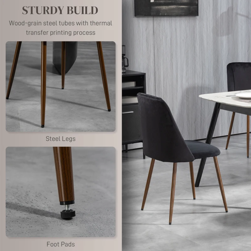 HOMCOM Upholstered Dining Chairs Set of 4, Velvet Accent Chair with Back and Wood-grain Steel Leg for Kitchen, Black