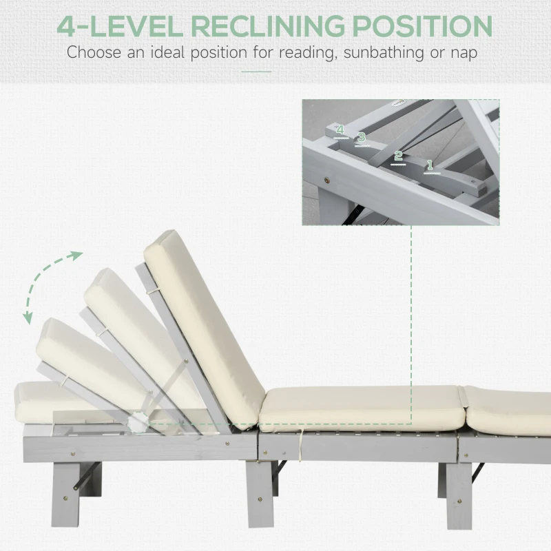 Outsunny Wooden Folding Chaise Lounge, Outdoor Chaise Lounge Chair, Garden Reclining Tanning Chair with 4 Adjustable Back Soft Cushions, Light Grey