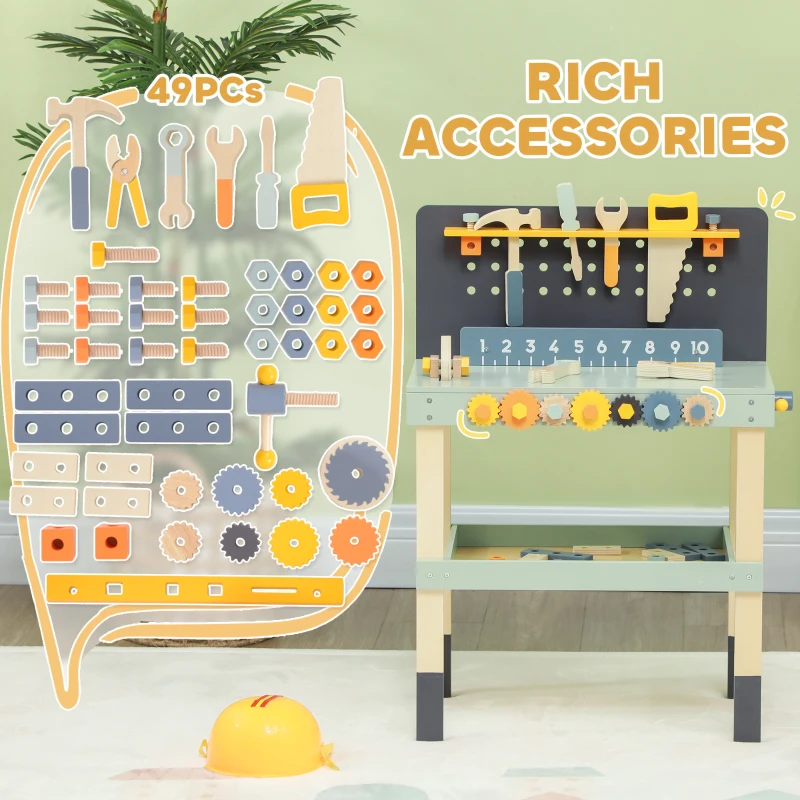 Qaba 49 Piece Kids Workbench Playset for Boys Girls 3-6 Years, Light Blue