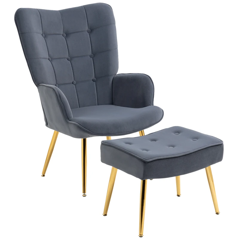 HOMCOM Modern Accent Chair with Ottoman, Upholstered Armchair with Footrest, Gold Metal Legs for Living Room, Bedroom, Dark Grey