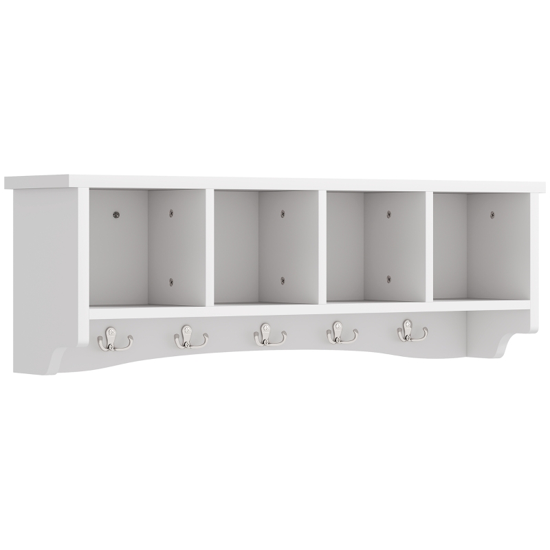 HOMCOM Coat Rack Wall Mount with Shelf, 28" Wall Coat Rack with 5 Hooks and 4 Compartments for Living Room, Entryway, White