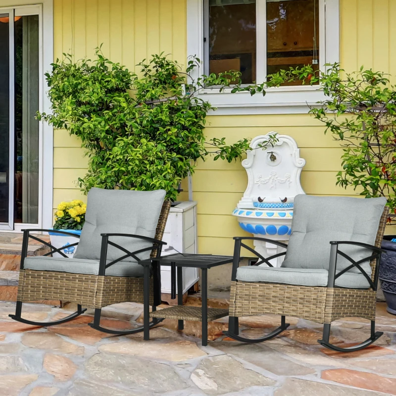 Outsunny 3 Piece Patio Rocking Chair Set, Outdoor Wicker Bistro Set with 2 Oversize Cushioned Porch Rockers and 2 Tier Coffee Table for Garden, Porch, Backyard, Light Gray
