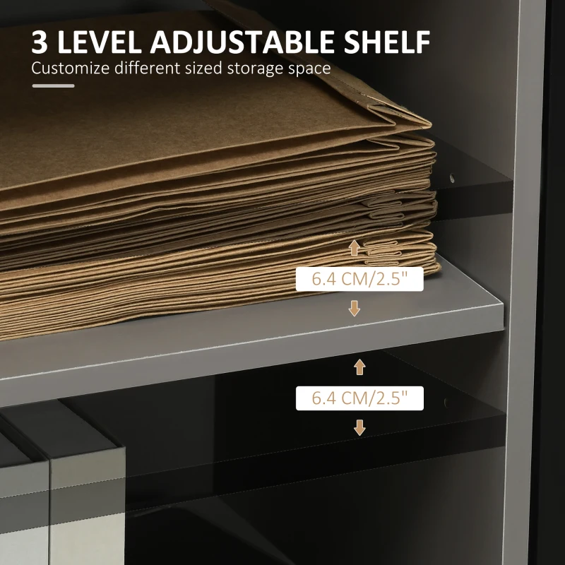 HOMCOM Modern Lateral Filing Cabinet, 3 Drawer File Cabinet for Letter and A4 Size Documents, Mobile, Printer Stand with Open Shelves, Rolling Wheels, Grey